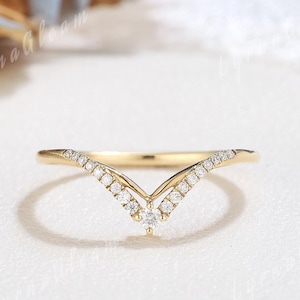 Celestial Moissanite Wedding Ring Sterling Silver Moissanite Curved Wedding Band Chevron Ring Handmade Jewelry Matching Rings for Women