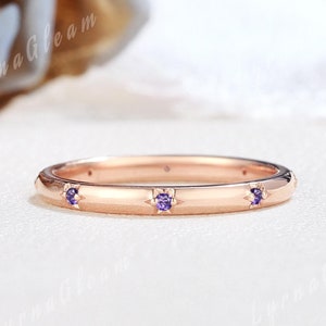 Minimalist Rose Gold Amethyst Starburst Ring Celestial Wedding Band Matching Stackable Rings for Women