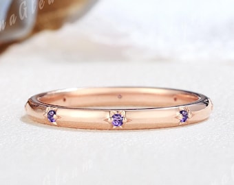 Minimalist Amethyst Wedding Band Birthstone Ring Rose Gold Amethyst Starburst Ring Celestial Wedding Band Matching Stackable Rings for Women