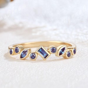 Unique Alexandrite Wedding Band Yellow Gold Bezel Set Ring Baguette Cut Alexandrite Wedding Ring Personalized Gift Matching Rings for Women