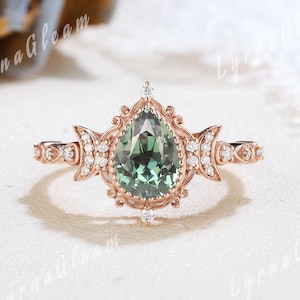 Birne geschnitten Grün Saphir Verlobungsring Cluster Mond Ring Vintage Rose Gold Moissanite Ehering Handgemachter Schmuck Versprechen Ringe für Frauen