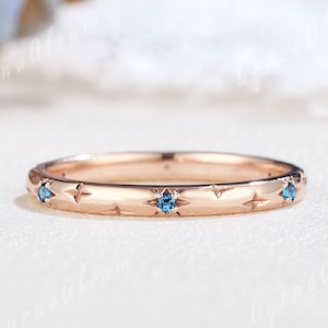 Minimalist Blue Topaz Stacking Ring Celestial Wedding Band Yellow Gold Starburst Ring November Birthstone Ring Blue Topaz Rings for Women