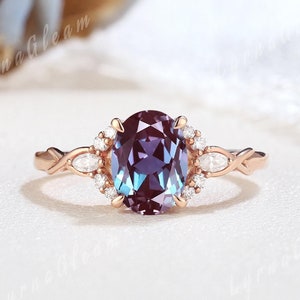 Unique Oval Cut Alexandrite Engagement Ring Sterling Silver Twist Ring June Birthstone Ring Moissanite Wedding Ring Promise Rings for Women
