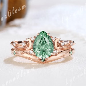 Birne Feuerwerk Schnitt grüner Saphir Verlobungsring Set Rosegold Mond Ehering Set Gravierter Ring Grüner Saphir Chevron Ring Geschenk für Sie