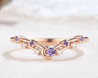 Unique Moon Amethyst Wedding Band Sterling Silver Celestial Wedding Stacking Rings Moissanite Curved Wedding Band Chervon Rings for Women