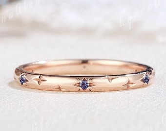 Minimalist Starburst Alexandrite Wedding Ring Rose Gold Star Moonlit Alexandrite Wedding Band Celestial Jewelry Matching Rings for Women