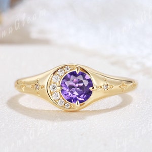 Unique Round Amethyst Engagement Ring Sterling Silver Sailor Moon Ring Starburst Engraved Ring Moissanite Celestial Wedding Rings for Women