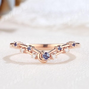Unique Crescent Moon Alexandrite Wedding Band Rose Gold Celestial Moon Wedding Ring Moissanite Curved Wedding Band Matching Rings for Women