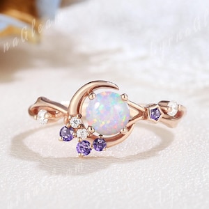 Cabochon Opal Engagement Ring Moon Ring Rose Gold Twisted Crescent Moon Wedding Ring Moissanite Amethyst Promise Rings Birthday Gift for Her