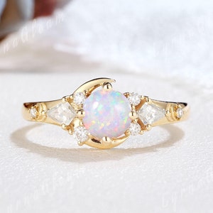 Unique Opal Moon Engagement Ring Sterling Silver Sailor Moon Ring Cluster Moissanite Moon Wedding Ring Promise Ring Anniversary Gift for Her
