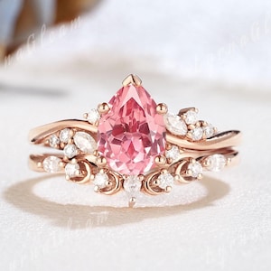 Unique Pear Cut Pink Sapphire Nature Engagement Ring Set Sterling Silver Crescent Moon Wedding Ring Set Moissanite Matching Rings for Women