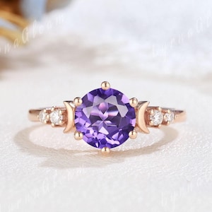 Einzigartige Rundschliff Amethyst Mond Verlobungsring Sterling Silber Sailor Moon Himmlische Ehering Cluster Moissanite Trauringe für Frauen