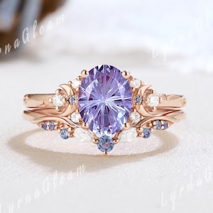 Oval Firework Cut Alexandrite Moon Engagement Ring Set Unique Rose Gold Moon Wedding Ring Set Twist Moissanite Ring Promise Rings for Women