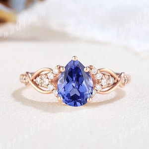 Unique Pear Cut Cornflower Blue Sapphire Engagement Ring Rose Gold Moonlit Celestial Wedding Moissanite Rings Anniversary Rings for Women