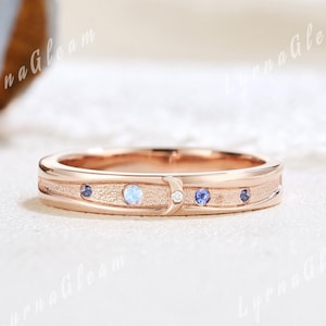 Unique Starry Night Tanzanite Moon Wedding Band Rose Gold Moonstone Alexandrite Bazel Ring Birthstone Rings for Women Celestial Jewelry