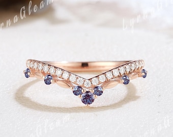 Unique Alexandrite Wedding Band Chevron Ring Rose Gold Moissanite Double Band Ring Stacking Rings Curved Wedding Band Custom Gift for Her