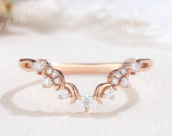 Unique Crescent Moon Wedding Ring Sterling Silver Sailor Moon Celestial Ring Cluster Moissanite Curved Wedding Band Matching Rings for Women