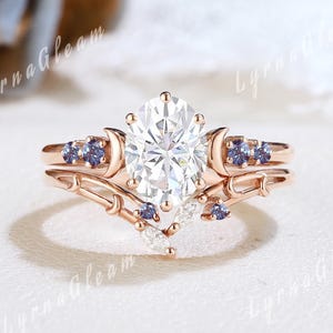 Moon Inspired Alexandrite Oval Engagement Ring Set Rose Gold Moon Wedding Ring Set Moissanite Curved Wedding Band Stacking Rings for Women