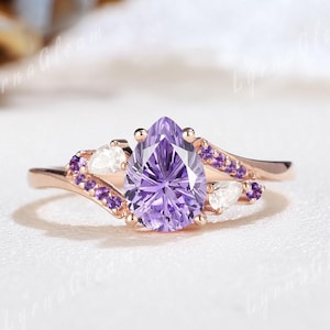 Pear Firework Cut Purple Sapphire Engagement Ring Sterling Silver Sapphire Ring Amethyst Celestial Wedding Ring Promise Rings for Women