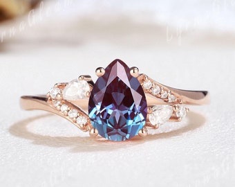 Einzigartige Pear Cut Alexandrit Verlobungsring Sterling Silber Alexandrit Ring Moissanite Moonlit Celestial Hochzeit Versprechen Ringe für Frauen
