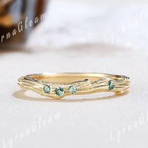 Art Deco Green Sapphire Wedding Ring Yellow Gold Natural Inspired Twig Ring Cluster Teal Sapphire Wedding Band Handmade Jewelry Gift for Her