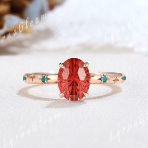 Oval röd rubin förlovningsring fyrverkerislipad ring roséguld stjärnexplosionsring himmelsk smaragdring födelsestensring jubileumspresent till henne