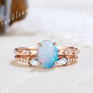 Danity Fire Opal Engagement Ring Set Rose Gold Natural Opal Halo Ring Birthstone Ring Opal Wedding Ring Set Handmade Open Rings for Women