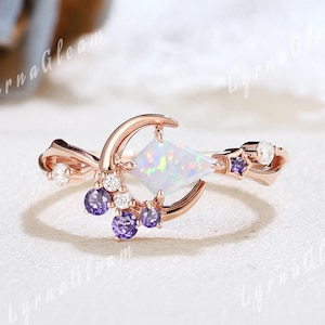 Unique Kite Cut Opal Engagement Ring Star Moon Ring Solid Gold Amethyst Ring Cluster Moissanite Wedding Ring Opal Birthstone Rings for Women