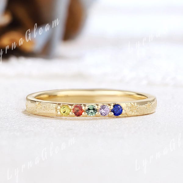 Unik regnbågssafir Starburst-ring i gult guld, stjärnklar natt, vigselring i färgglad ädelsten, eleganta stapelbara ringar för kvinnor