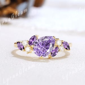 Art Deco fyrverkeri-slipad lila safirring päronförlovningsring gult guld ametistring klustermarkisering moissanitringar för kvinnor