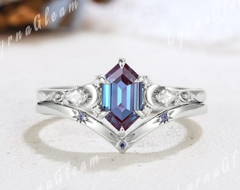 Conjunto de anillo de compromiso de oro blanco con diseño de cometa, moissanita y hexágono lunar, alianza de boda con diseño de estrella y joyas celestiales.