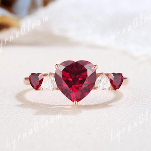 Heart Cut Ruby Engagement Ring Red Gemstone Ring Rose Gold Heart Ring Cluster Moissanite Wedding Ring Promise Ring Anniversary Gift for Her