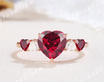 Heart Cut Ruby Engagement Ring Red Gemstone Ring Rose Gold Heart Ring Cluster Moissanite Wedding Ring Promise Ring Anniversary Gift for Her