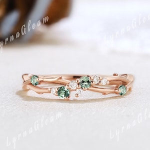 Nature Inspired Green Sapphire Wedding Ring Yellow Gold Branch Vine Twisted Ring Moissanite Sapphire Wedding Band Anniversary Gift for Her