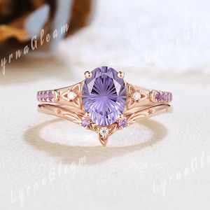 Unique Celtic Knot Engagement Ring Set Firework Cut Purple Sapphire Ring Rose Gold Celtic Ring Amethyst Curved Wedding Ring Set Gift for Her