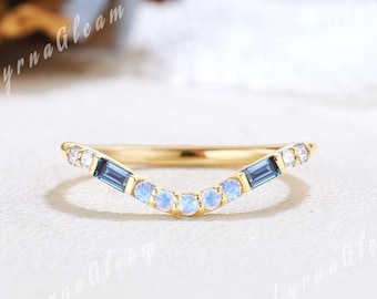 Baguette Cut Alexandrite Wedding Band Rose Gold June Birthstone Ring Moonstone Curved Wedding Band Stacking Ring Chevron Rings for Women