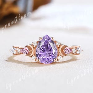 Firework Cut Purple Sapphire Moon Engagement Ring Starburst Ring Rose Gold Pink Sapphire Wedding Ring Ethereal Ring Promise Rings for Women