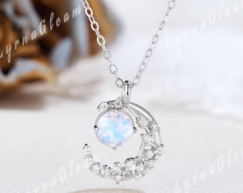 Collar con colgante de luna creciente de piedra lunar, colgante celestial de plata de ley, delicada joya lunar, regalo de piedra natal para ella.