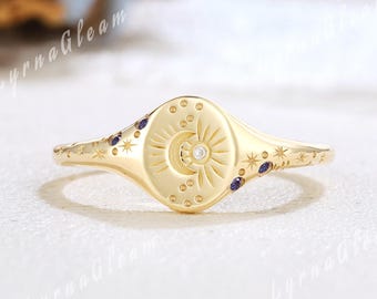 Unique Matching Sun and Moon Signet Ring Alexandrite Wedding Band Solid Gold Star Ring Moon Wedding Band Celestial Statement Rings for Her