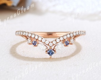 Cluster Alexandrite Wedding Band Chevron Ring Rose Gold Moissanite Curved Wedding Band Alexandrite Stacking Rings for Women Birthday Gift