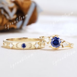 Unique Sailor Moon Couples Ring Set Solid Gold Blue Sapphire Wedding Ring Set Celestial Jewelry Moissanite Mens Rings Gift for Her for Him