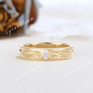 Nature Inspired Twig Twisted Men's Wedding Band Yellow Gold Marquise Cut Moissanite Band Men's Engagement Ring Vine Ring Best Gift for Him