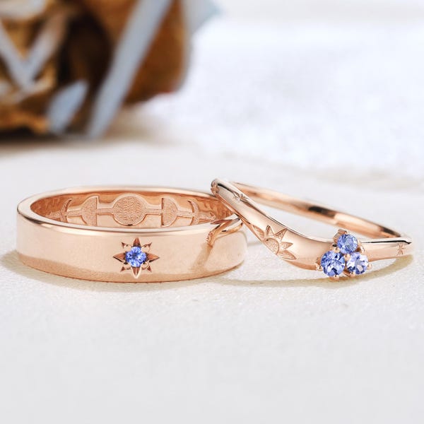 2 Stück Sonne und Mond Paare Ringe Set Gelbgold Tansanit Hochzeitsband Set Mond Phase Herren Ehering Sunburst Chevron Ringe für Paare