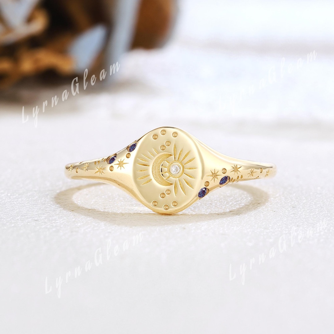 Unique Matching Sun and Moon Signet Ring Alexandrite Wedding Band Solid ...
