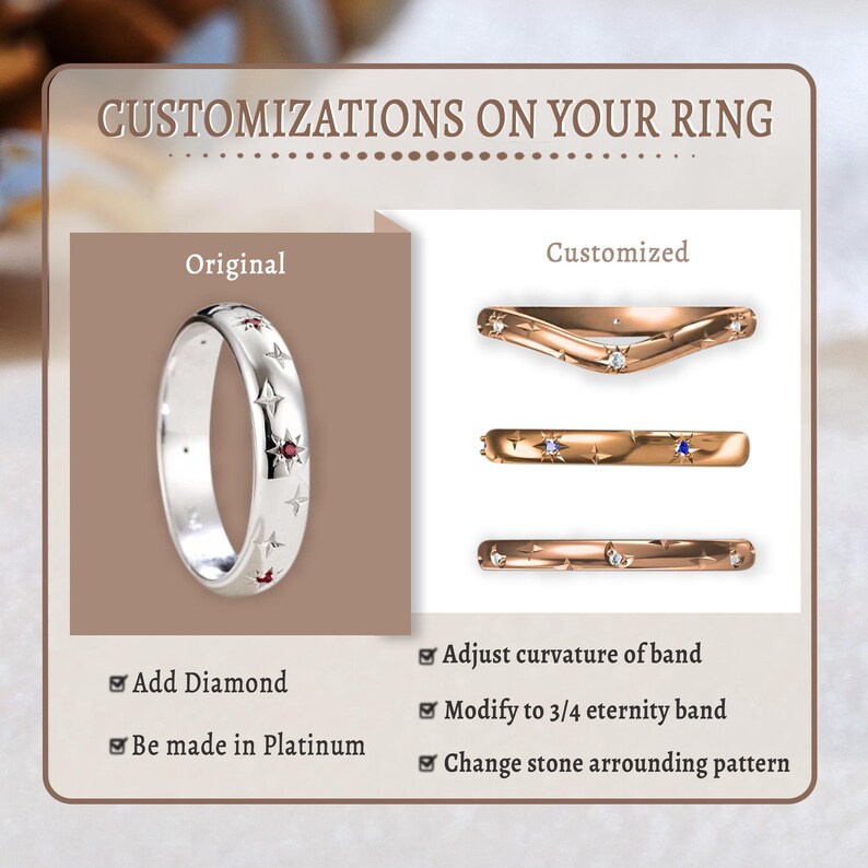 Puede incluir: Un anillo de plata con piedras rojas y blancas, y un anillo de oro con piedras blancas y azules. El texto "CUSTOMIZATIONS ON YOUR RING" est&aacute; en la parte superior de la imagen. El texto "Original" est&aacute; sobre el anillo de plata. El texto "Customized" est&aacute; sobre el anillo de oro. El texto "Add Diamond" est&aacute; debajo del anillo de plata. El texto "Be made in Platinum" est&aacute; debajo del anillo de plata. El texto "Adjust curvature of band" est&aacute; debajo del anillo de oro. El texto "Modify to 3/4 eternity band" est&aacute; debajo del anillo de oro. El texto "Change stone arrounding pattern" est&aacute; debajo del anillo de oro.