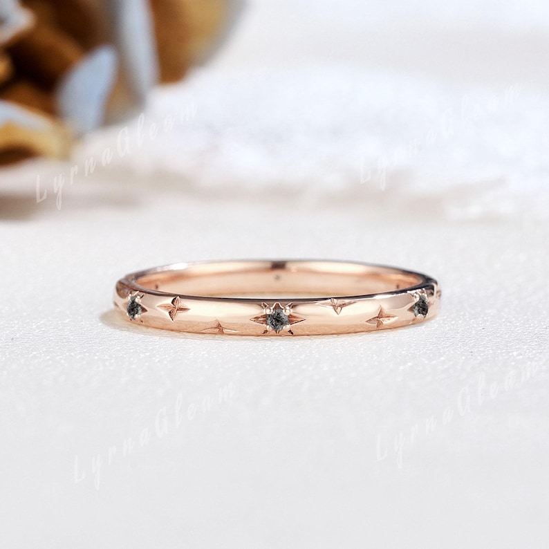 Minimalist Salt and Pepper Diamond Celestial Wedding Band Sterling Silver Starburst Ring Danity Full Eternity Band Matching Rings for Women Valentines Day Gift
