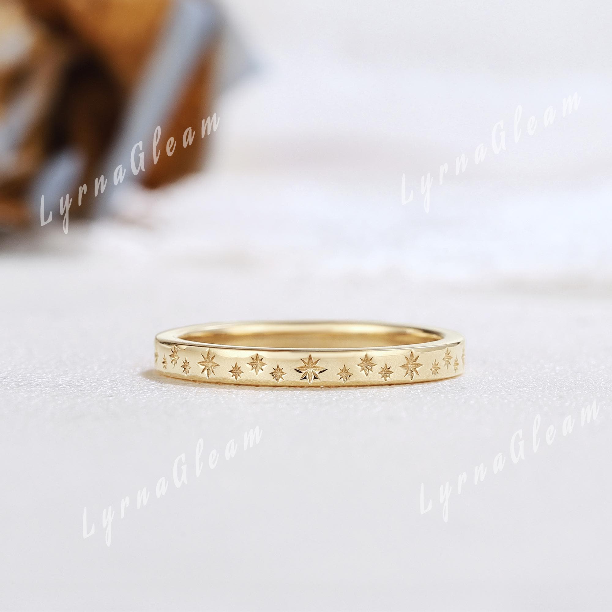 Star Engraved Solid Gold Wedding Band Yellow Gold Flat Starburst Ring Celestial Wedding Eternity Band Matching Ring Handmade Rings for Women