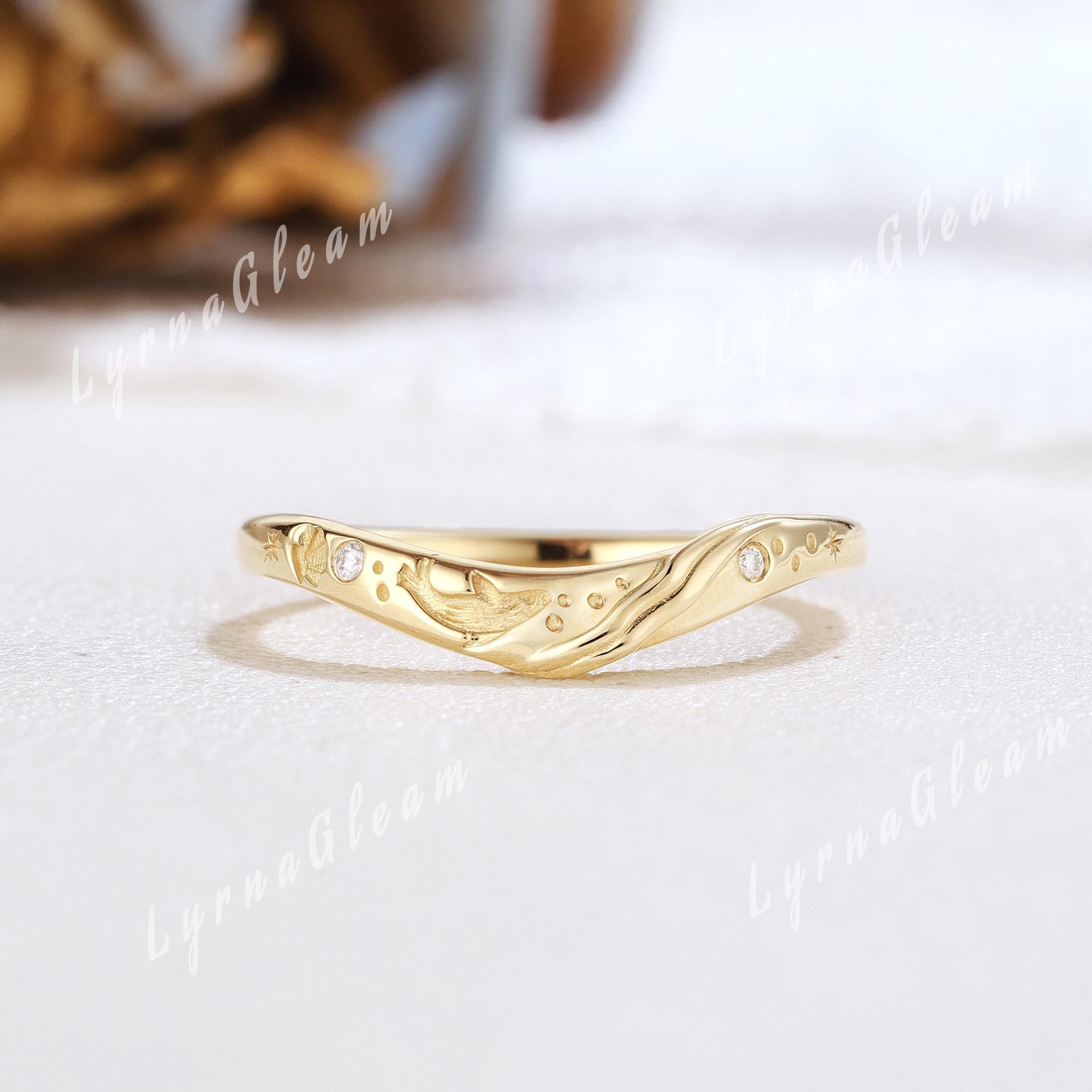 Unique Ocean Ring Diamond Curved Wedding Band Solid Gold Whale Sea ...