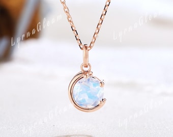 Collar con colgante de luna de piedra lunar arcoíris, collar de luna creciente de oro rosa, collar de piedra lunar, collar de gema Danity, regalo de cumpleaños para ella