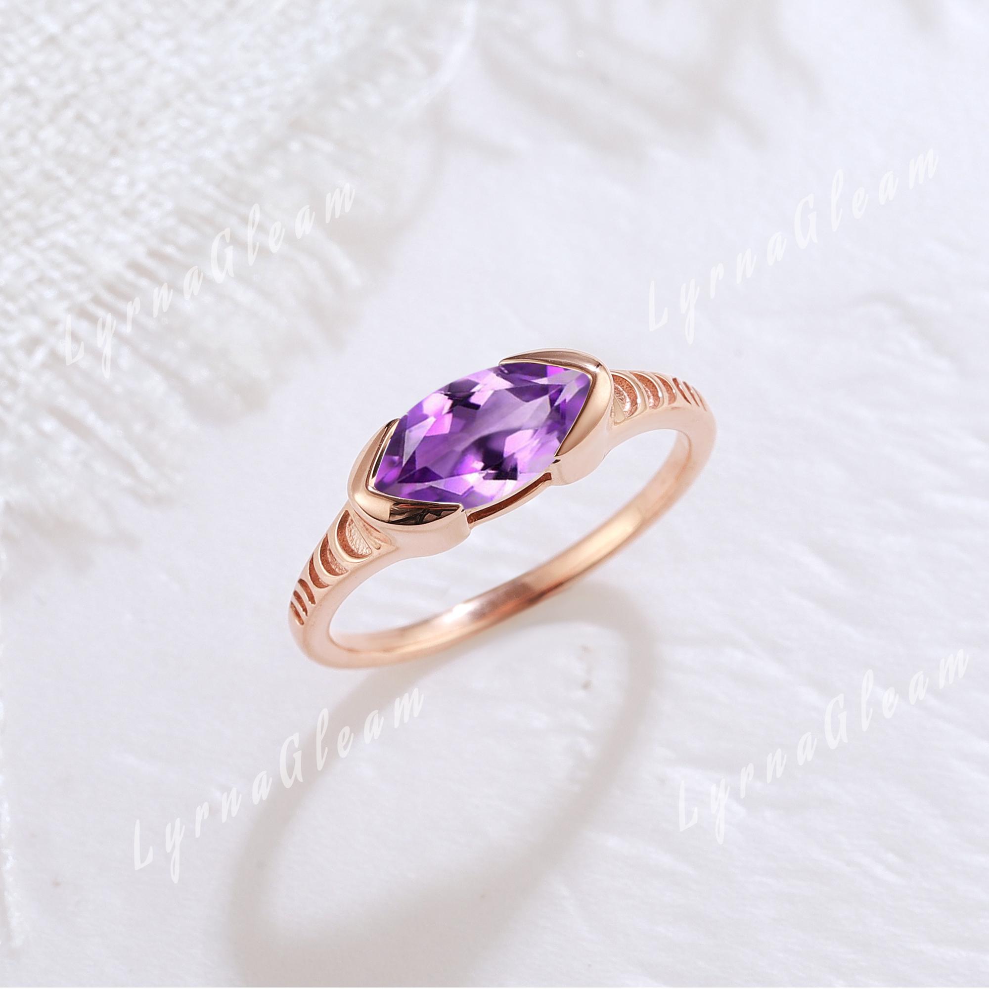 Eastern Marquise Cut Birthstone Ring Amethyst Engagement Ring Unique Rose Gold Moon Phase Engraved Ring Solitaire Ring Birthday Gift for Her
